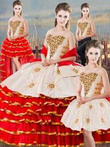 White And Red Organza Lace Up 15th Birthday Dress Sleeveless Floor Length Beading and Ruffled Layers