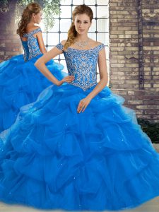 Blue Tulle Lace Up Off The Shoulder Sleeveless 15 Quinceanera Dress Brush Train Beading and Pick Ups