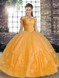 Traditional Beading and Appliques 15th Birthday Dress Orange Lace Up Sleeveless Floor Length