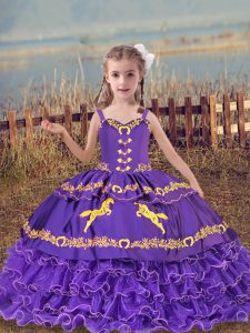Lavender Ball Gowns Beading and Embroidery and Ruffled Layers Girls Pageant Dresses Lace Up Organza Sleeveless Floor Length