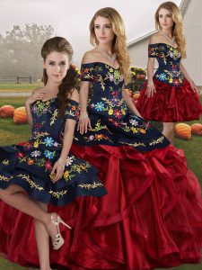New Arrival Red And Black Sleeveless Embroidery and Ruffles Floor Length Quinceanera Gown