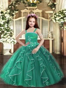 Sweet Dark Green Ball Gowns Tulle Straps Sleeveless Beading and Ruffles Floor Length Lace Up Evening Gowns