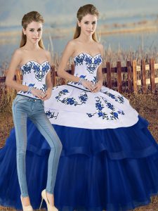 Beautiful Royal Blue Tulle Lace Up Sweet 16 Dress Sleeveless Floor Length Embroidery and Bowknot