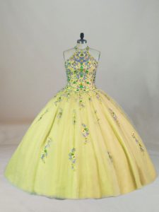 Modest Yellow Halter Top Neckline Appliques and Embroidery Quinceanera Dress Sleeveless Lace Up