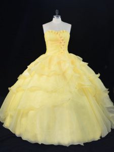 Fashion Yellow Sleeveless Floor Length Hand Made Flower Lace Up Sweet 16 Dresses