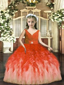 Top Selling Sleeveless Floor Length Beading and Ruffles Backless Pageant Gowns For Girls with Rust Red