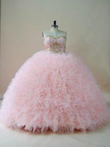Baby Pink Sleeveless Brush Train Beading and Ruffles 15 Quinceanera Dress