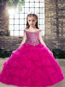 Fuchsia Off The Shoulder Neckline Beading and Pick Ups Pageant Dress for Girls Sleeveless Lace Up