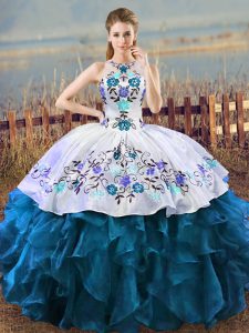 Halter Top Sleeveless Quince Ball Gowns Floor Length Embroidery Blue And White Organza