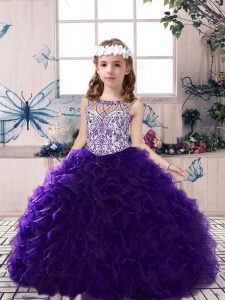 Floor Length Purple Child Pageant Dress Organza Sleeveless Beading and Ruffles