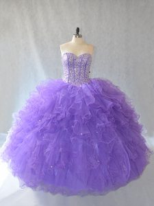 Cute Lavender Tulle Lace Up Quinceanera Dress Sleeveless Floor Length Beading and Ruffles and Sequins