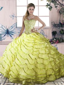 Enchanting Halter Top Sleeveless Brush Train Lace Up Quinceanera Gowns Yellow Green Organza