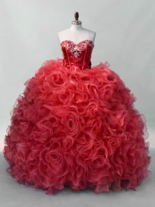 Beauteous Floor Length Red Quinceanera Gowns Organza Sleeveless Sequins