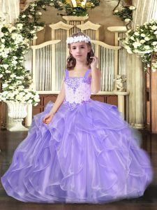 Beauteous Lavender Ball Gowns Straps Sleeveless Organza Floor Length Lace Up Beading and Ruffles Pageant Gowns For Girls