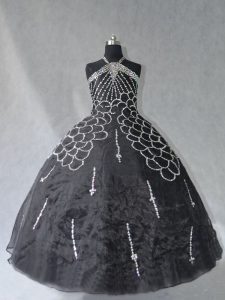 Sumptuous Black Quince Ball Gowns Sweet 16 and Quinceanera with Beading Halter Top Sleeveless Lace Up