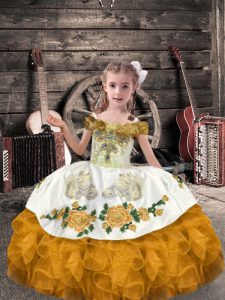 Gold Off The Shoulder Neckline Beading and Embroidery and Ruffles Kids Formal Wear Sleeveless Lace Up