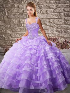 Admirable Lavender Organza Lace Up Ball Gown Prom Dress Sleeveless Court Train Beading and Ruffled Layers