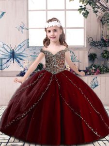 Trendy Wine Red Sleeveless Floor Length Beading Lace Up Girls Pageant Dresses