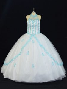 Blue And White Sleeveless Appliques Floor Length Ball Gown Prom Dress