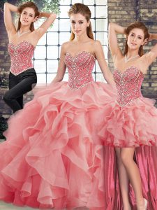Watermelon Red Quinceanera Gowns Military Ball and Sweet 16 and Quinceanera with Beading and Ruffles Sweetheart Sleeveless Brush Train Lace Up