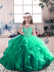 Green Scoop Lace Up Beading and Ruffles Little Girl Pageant Gowns Sleeveless
