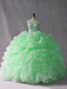 Apple Green Lace Up Strapless Beading and Ruffles Quinceanera Dresses Organza Sleeveless Brush Train