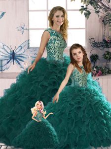 Custom Fit Floor Length Lace Up Quince Ball Gowns Peacock Green for Military Ball and Sweet 16 and Quinceanera with Beading and Ruffles