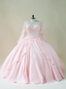 V-neck Long Sleeves Satin and Tulle Sweet 16 Dress Beading and Appliques Lace Up