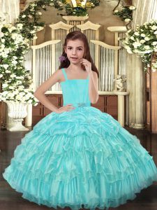 Most Popular Straps Sleeveless Lace Up Pageant Dress Toddler Aqua Blue Organza
