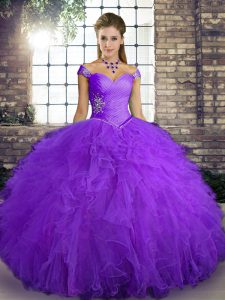 Perfect Off The Shoulder Sleeveless Tulle Quinceanera Gown Beading and Ruffles Lace Up