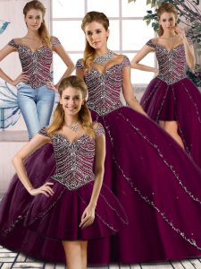 Dynamic Purple Ball Gown Prom Dress Sweetheart Cap Sleeves Brush Train Lace Up