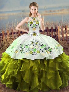 High Quality Organza Halter Top Sleeveless Lace Up Embroidery and Ruffles Quince Ball Gowns in Olive Green
