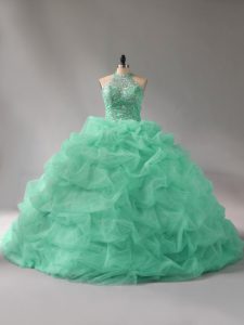 Classical Sleeveless Organza Court Train Lace Up 15th Birthday Dress in Apple Green with Beading and Pick Ups