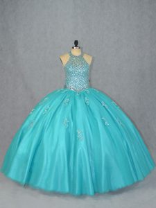 Dramatic Tulle Halter Top Sleeveless Lace Up Beading Quince Ball Gowns in Aqua Blue