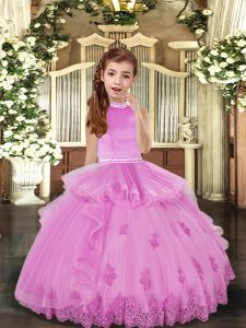 Lilac Sleeveless Beading and Appliques Floor Length Kids Formal Wear