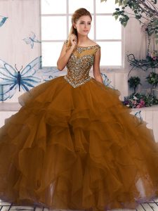 Clearance Brown Sleeveless Beading and Ruffles Floor Length Quinceanera Gowns