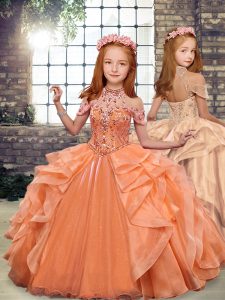 Orange Lace Up Kids Formal Wear Beading and Ruffles Sleeveless Floor Length