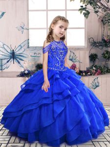 Stunning Royal Blue Ball Gowns Beading Little Girl Pageant Dress Lace Up Organza Sleeveless Floor Length