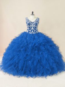 Extravagant V-neck Sleeveless Tulle Quince Ball Gowns Beading and Ruffles Backless