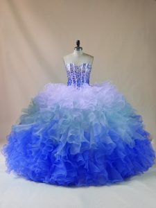 Trendy Multi-color Ball Gowns Sweetheart Sleeveless Organza Floor Length Lace Up Beading and Ruffles Quince Ball Gowns