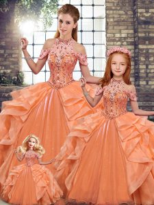 Simple Sleeveless Organza Floor Length Lace Up Quinceanera Gown in Orange with Beading and Ruffles