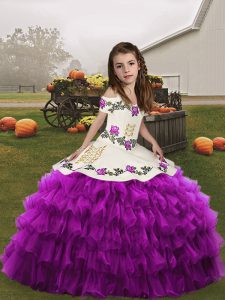 Purple Ball Gowns Straps Sleeveless Organza Floor Length Lace Up Embroidery and Ruffled Layers Child Pageant Dress
