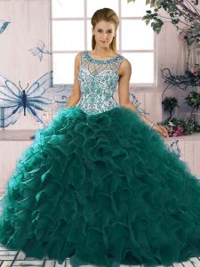 Stylish Beading and Ruffles Quinceanera Dresses Peacock Green Lace Up Sleeveless Floor Length