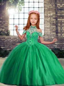 Graceful Green High-neck Neckline Beading Child Pageant Dress Sleeveless Lace Up