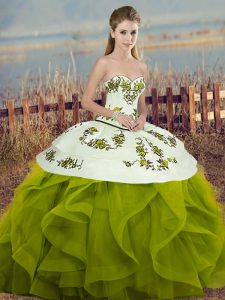 Floor Length Olive Green Ball Gown Prom Dress Tulle Sleeveless Embroidery and Ruffles and Bowknot