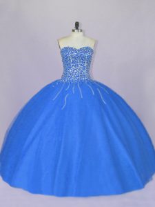 Floor Length Blue Quinceanera Dress Tulle Sleeveless Beading