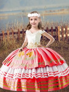 Floor Length Watermelon Red Little Girl Pageant Gowns Satin Sleeveless Embroidery