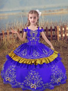 Floor Length Lace Up Custom Made Pageant Dress Blue for Wedding Party with Beading and Embroidery