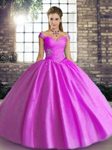 Lilac Ball Gowns Off The Shoulder Sleeveless Tulle Floor Length Lace Up Beading Sweet 16 Dress