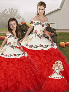 Customized Sleeveless Organza Floor Length Lace Up Quinceanera Dresses in White And Red with Embroidery and Ruffles